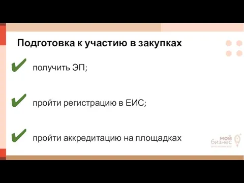 Подготовка к участию в закупках получить ЭП; пройти регистрацию в ЕИС;