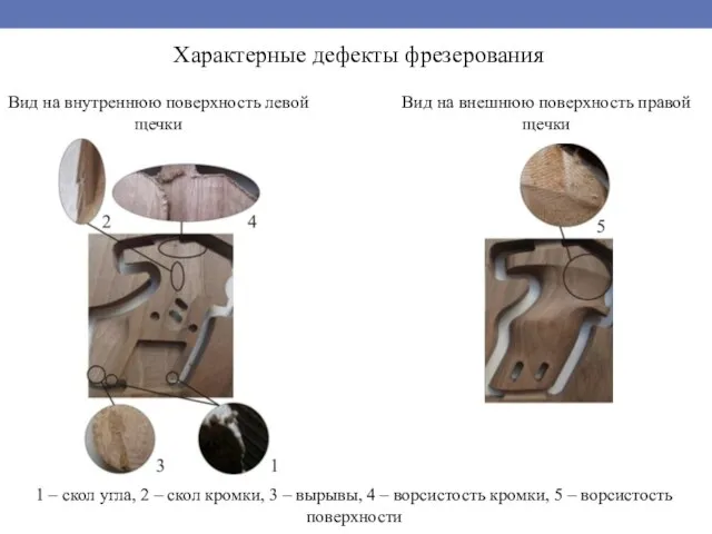 Характерные дефекты фрезерования Вид на внутреннюю поверхность левой щечки Вид на