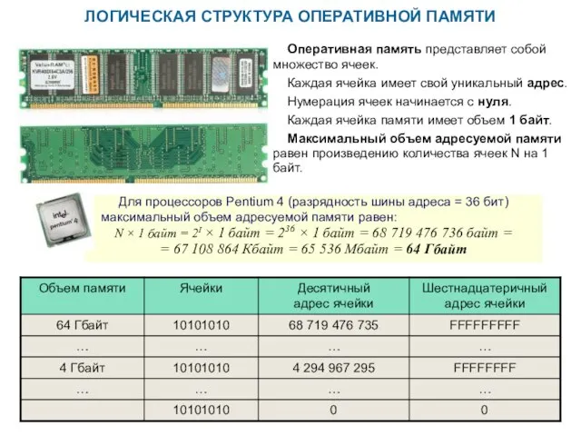 ЛОГИЧЕСКАЯ СТРУКТУРА ОПЕРАТИВНОЙ ПАМЯТИ Оперативная память представляет собой множество ячеек. Каждая