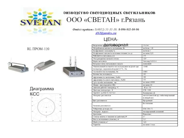 Производство светодиодных светильников ООО «СВЕТАН» г.Рязань Отдел продаж: 8(4912) 51-31-39; 8-996-911-84-96