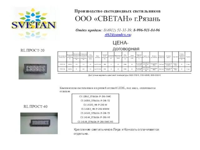 Производство светодиодных светильников ООО «СВЕТАН» г.Рязань Отдел продаж: 8(4912) 51-31-39; 8-996-911-84-96