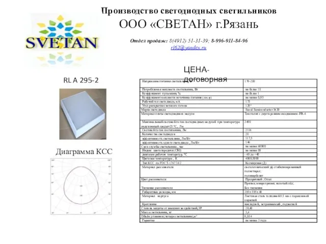 Производство светодиодных светильников ООО «СВЕТАН» г.Рязань Отдел продаж: 8(4912) 51-31-39; 8-996-911-84-96