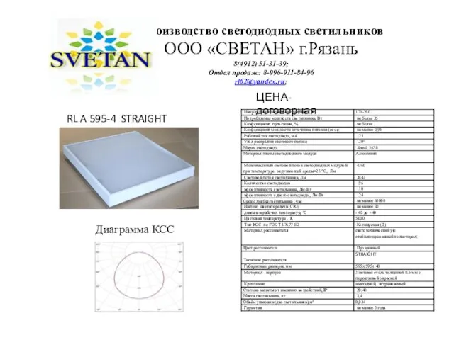 Производство светодиодных светильников ООО «СВЕТАН» г.Рязань 8(4912) 51-31-39; Отдел продаж: 8-996-911-84-96