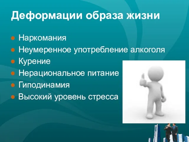 Деформации образа жизни Наркомания Неумеренное употребление алкоголя Курение Нерациональное питание Гиподинамия Высокий уровень стресса