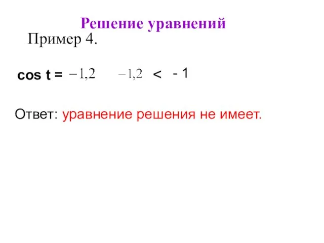 Решение уравнений Пример 4. cos t = Ответ: уравнение решения не имеет. - 1