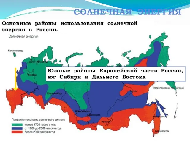 СОЛНЕЧНАЯ ЭНЕРГИЯ Основные районы использования солнечной энергии в России. Южные районы