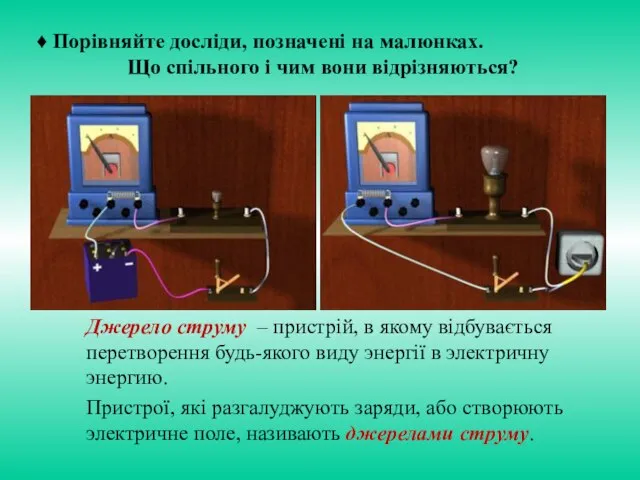 ♦ Порівняйте досліди, позначені на малюнках. Що спільного і чим вони