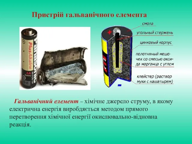 Пристрій гальванічного елемента Гальванічний елемент – хімічне джерело струму, в якому