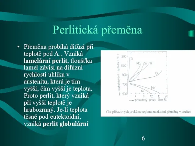 Perlitická přeměna Přeměna probíhá difúzí při teplotě pod A1. Vzniká lamelární