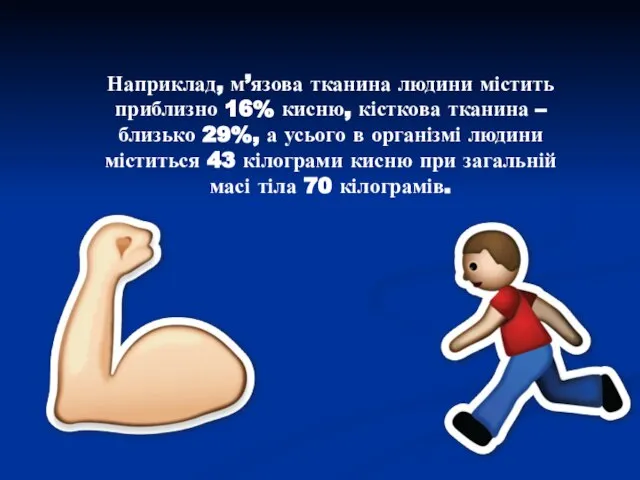 Наприклад, м’язова тканина людини містить приблизно 16% кисню, кісткова тканина –