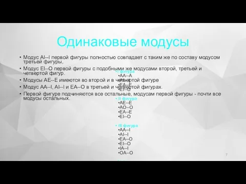 Одинаковые модусы Модус АI--I первой фигуры полностью совпадает с таким же