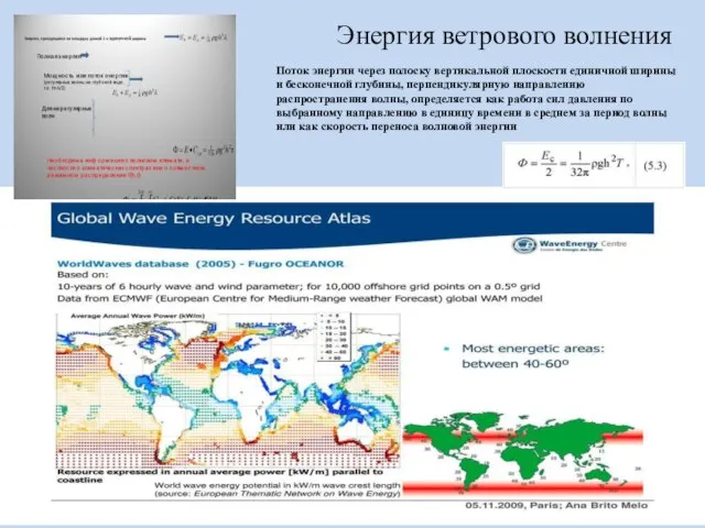 Энергия ветрового волнения Поток энергии через полоску вертикальной плоскости единичной ширины