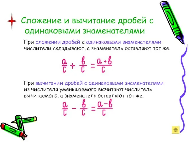 Сложение и вычитание дробей с одинаковыми знаменателями При сложении дробей с