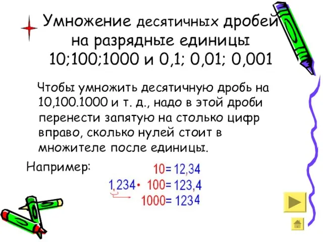 Умножение десятичных дробей на разрядные единицы 10;100;1000 и 0,1; 0,01; 0,001