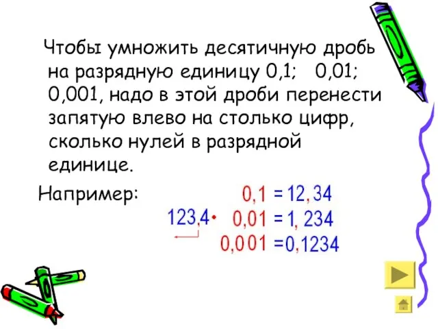 Чтобы умножить десятичную дробь на разрядную единицу 0,1; 0,01; 0,001, надо