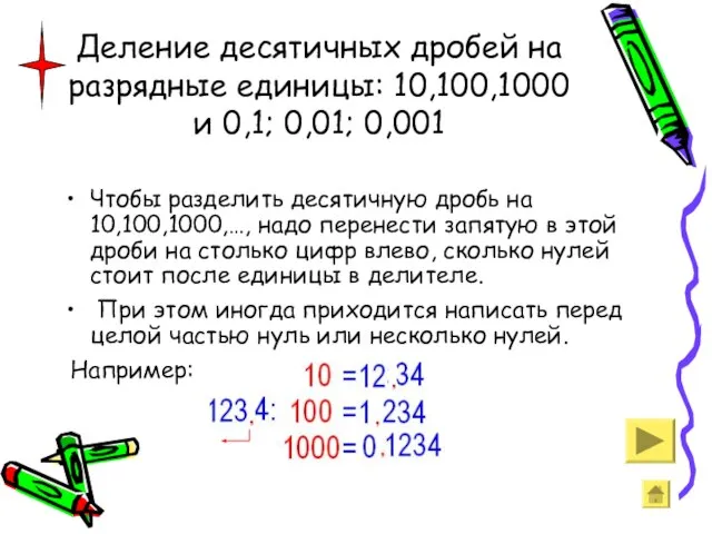 Деление десятичных дробей на разрядные единицы: 10,100,1000 и 0,1; 0,01; 0,001