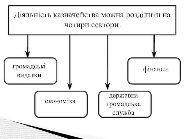 Діяльність казначейства можна розділити на чотири сектори: громадські видатки фінанси економіка державна громадська служба