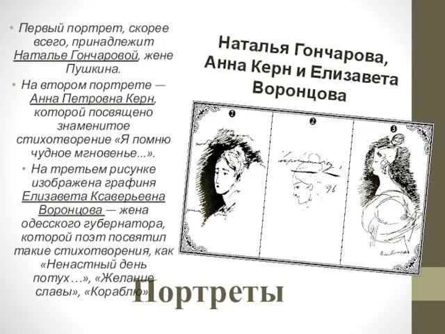 Портреты Наталья Гончарова, Анна Керн и Елизавета Воронцова Первый портрет, скорее