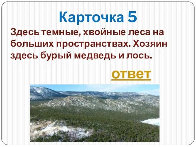 Карточка 5 Здесь темные, хвойные леса на больших пространствах. Хозяин здесь бурый медведь и лось. ответ