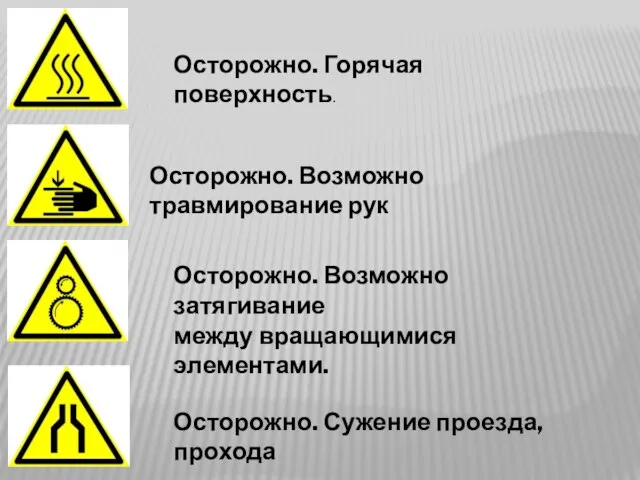 Осторожно. Горячая поверхность. Осторожно. Возможно травмирование рук Осторожно. Возможно затягивание между