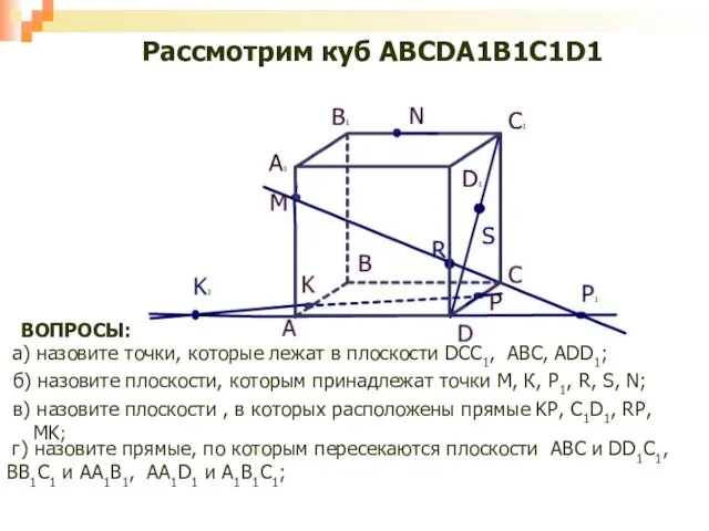 Рассмотрим куб ABCDА1B1C1D1 г) назовите прямые, по которым пересекаются плоскости ABC