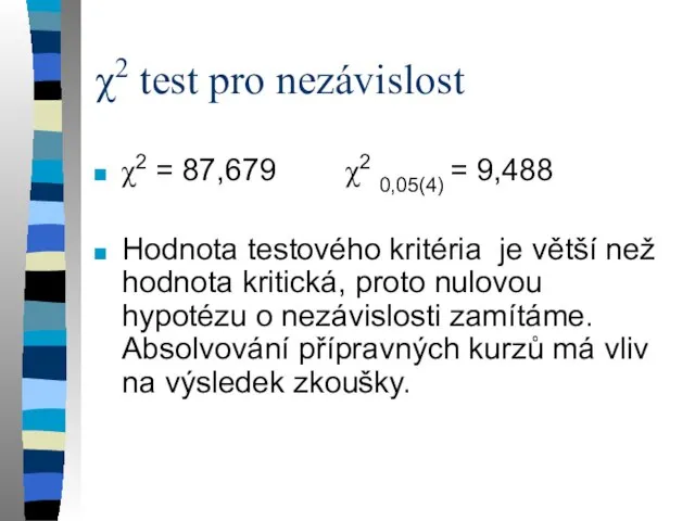 χ2 test pro nezávislost χ2 = 87,679 χ2 0,05(4) = 9,488