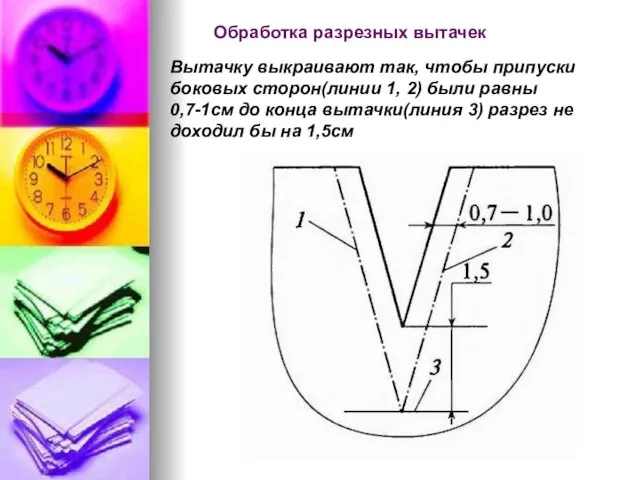 Обработка разрезных вытачек Вытачку выкраивают так, чтобы припуски боковых сторон(линии 1,