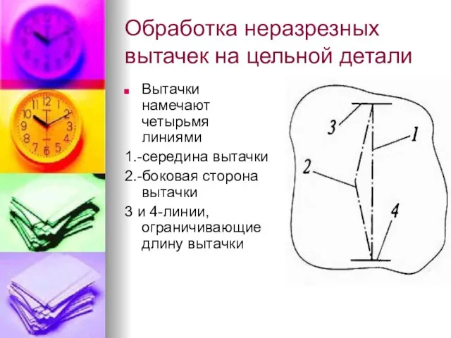 Обработка неразрезных вытачек на цельной детали Вытачки намечают четырьмя линиями 1.-середина