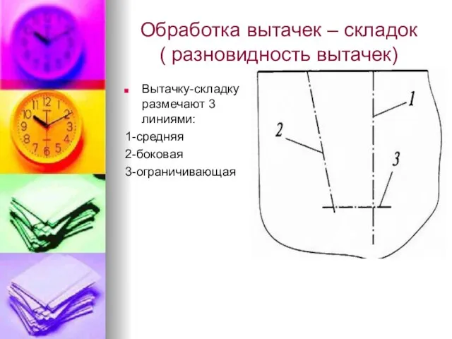 Обработка вытачек – складок ( разновидность вытачек) Вытачку-складку размечают 3 линиями: 1-средняя 2-боковая 3-ограничивающая