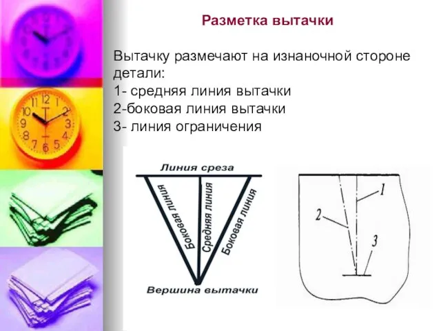 Разметка вытачки Вытачку размечают на изнаночной стороне детали: 1- средняя линия