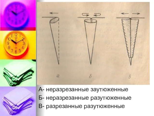 А- неразрезанные заутюженные Б- неразрезанные разутюженные В- разрезанные разутюженные