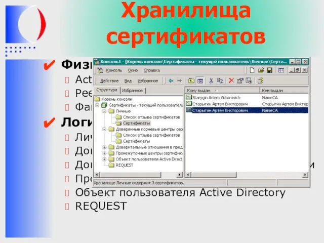 Хранилища сертификатов Физические хранилища Active Directory Реестр операционной системы клиента Файловая