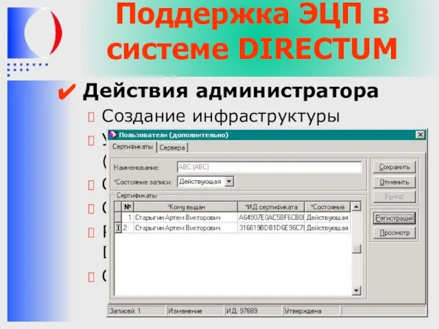 Поддержка ЭЦП в системе DIRECTUM Действия администратора Создание инфраструктуры Установка центра