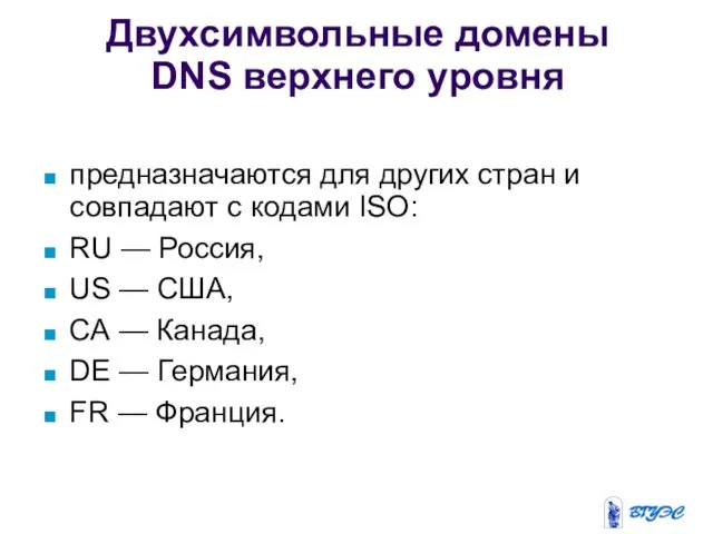 Двухсимвольные домены DNS верхнего ypoвня предназначаются для других стран и совпадают