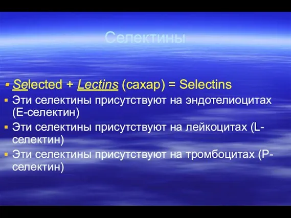 Селектины Selected + Lectins (сахар) = Selectins Эти селектины присутствуют на