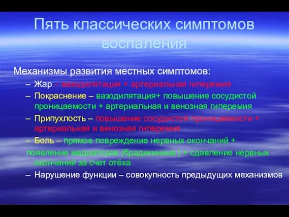 Пять классических симптомов воспаления Механизмы развития местных симптомов: Жар – вазодилятация