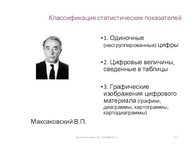 Классификация статистических показателей Максаковский В.П. 1. Одиночные (несгруппированные) цифры 2. Цифровые