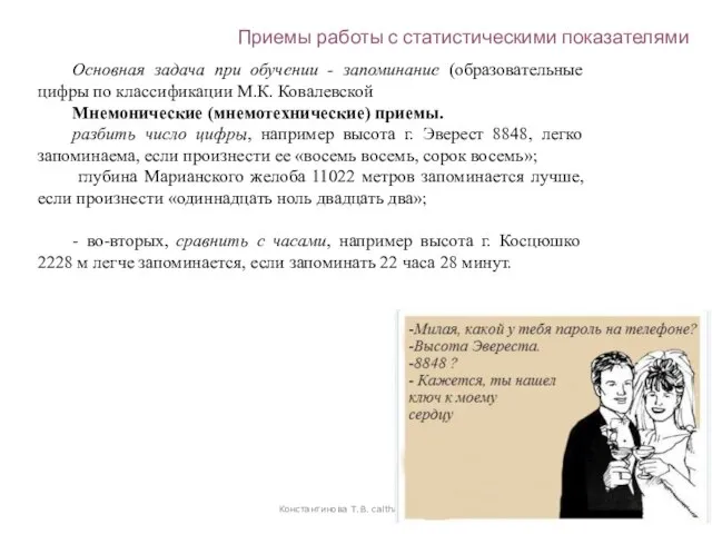 Константинова Т.В. caltha@list.ru Основная задача при обучении - запоминание (образовательные цифры