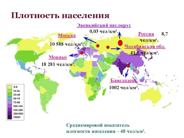 Плотность населения Монако 18 281 чел/км². Бангладеш 1002 чел/км². Эвенкийский авт.округ