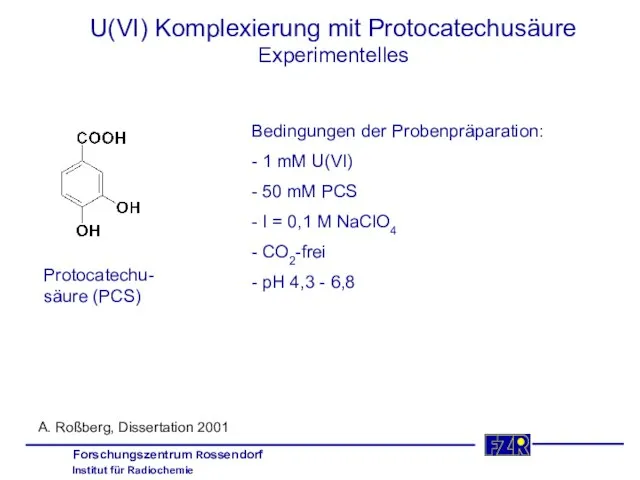 U(VI) Komplexierung mit Protocatechusäure Experimentelles Protocatechu- säure (PCS) Bedingungen der Probenpräparation: