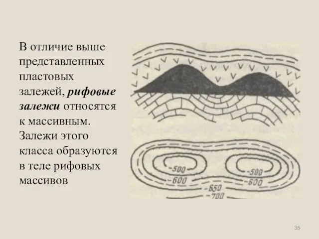 В отличие выше представленных пластовых залежей, рифовые залежи относятся к массивным.