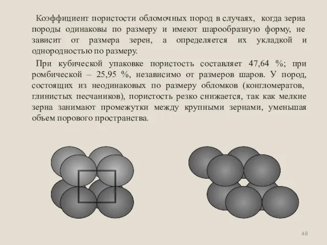 Коэффициент пористости обломочных пород в случаях, когда зерна породы одинаковы по