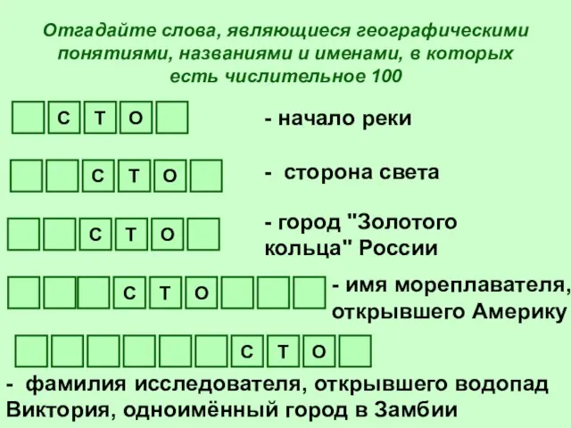 Отгадайте слова, являющиеся географическими понятиями, названиями и именами, в которых есть