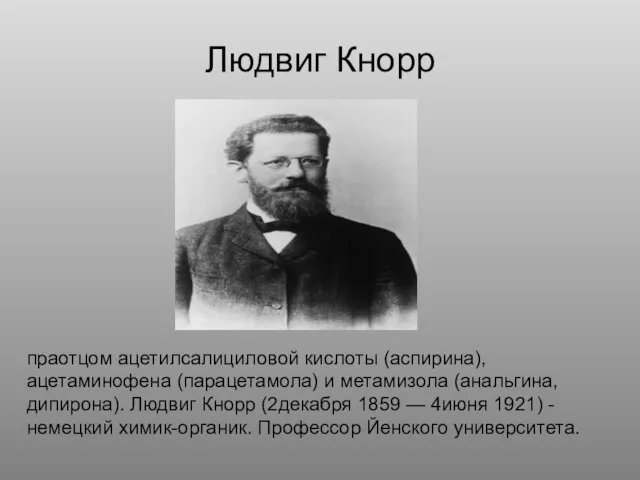 Людвиг Кнорр праотцом ацетилсалициловой кислоты (аспирина), ацетаминофена (парацетамола) и метамизола (анальгина,