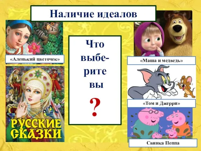 «Аленький цветочек» «Маша и медведь» «Том и Джерри» Свинка Пеппа Что выбе-рите вы ? Наличие идеалов