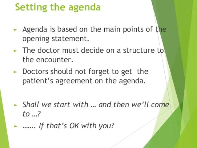 Setting the agenda Agenda is based on the main points of