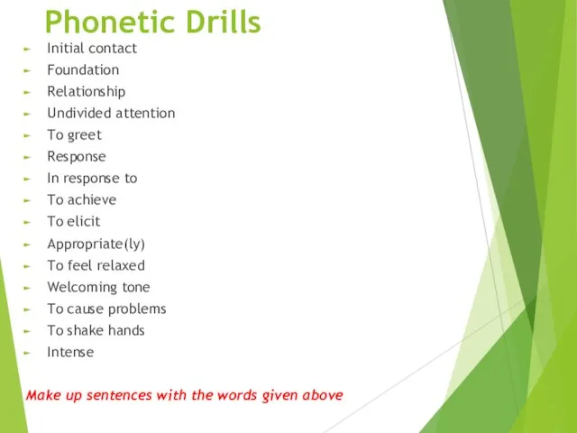 Phonetic Drills Initial contact Foundation Relationship Undivided attention To greet Response