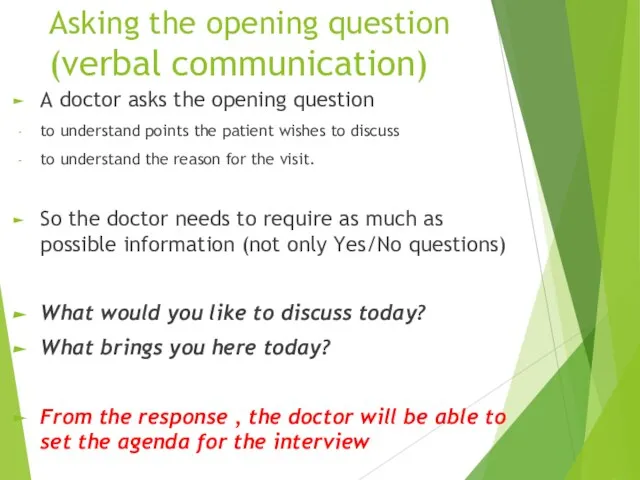 Asking the opening question (verbal communication) A doctor asks the opening