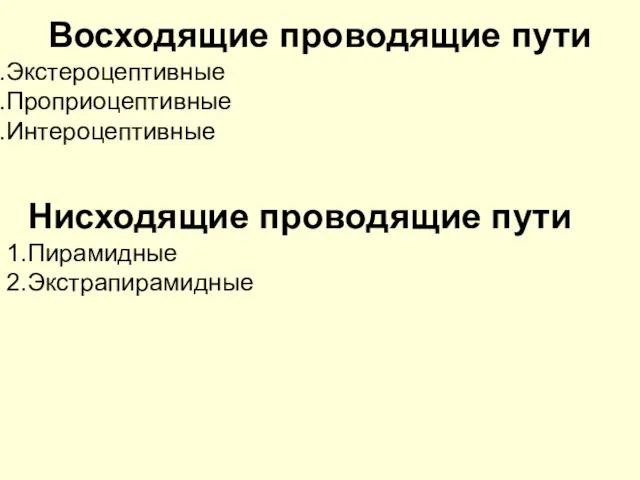 Восходящие проводящие пути Экстероцептивные Проприоцептивные Интероцептивные Нисходящие проводящие пути Пирамидные Экстрапирамидные