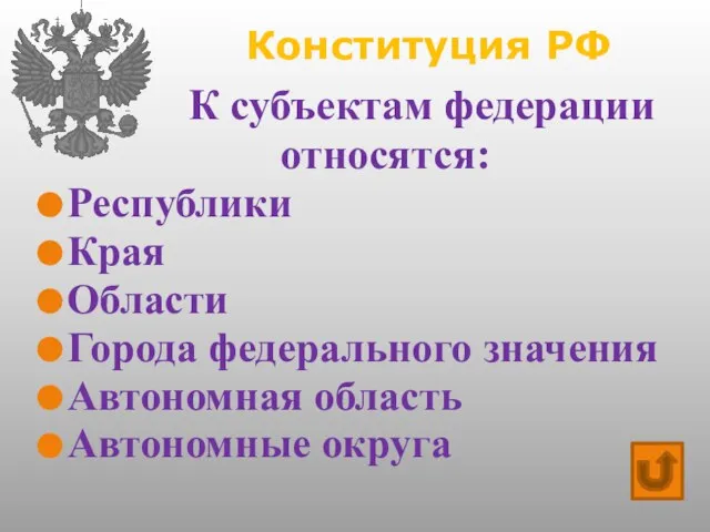 Конституция РФ К субъектам федерации относятся: Республики Края Области Города федерального значения Автономная область Автономные округа